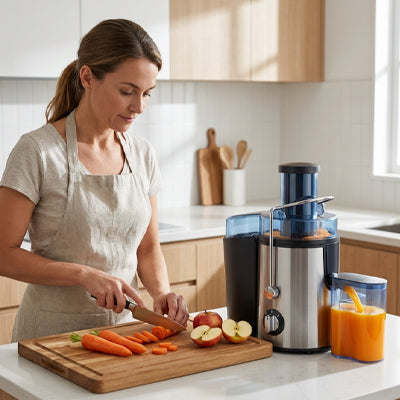 Maman preparant du jus avec son extracteur